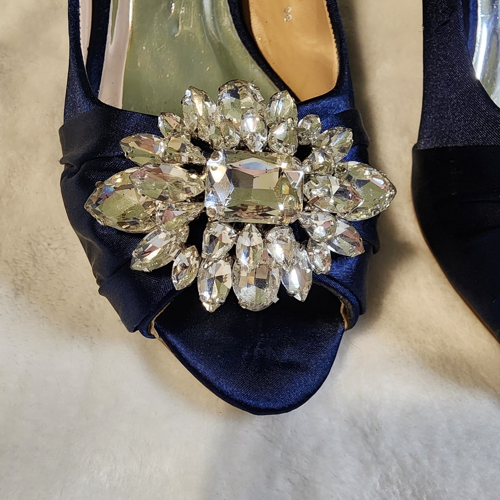 SheSole Navy Blue Peep-Toe Heels with Crystal Embellishments, EUC, Size 7 - Picture 2 of 6